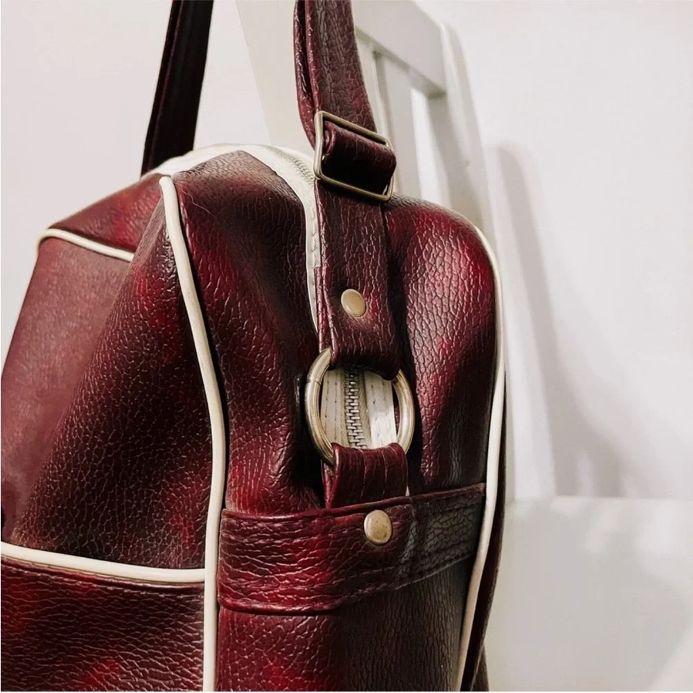 VINTAGE | Burgundy Duffel Faux Leather Travel Bowling Bag - Picture 7 of 9